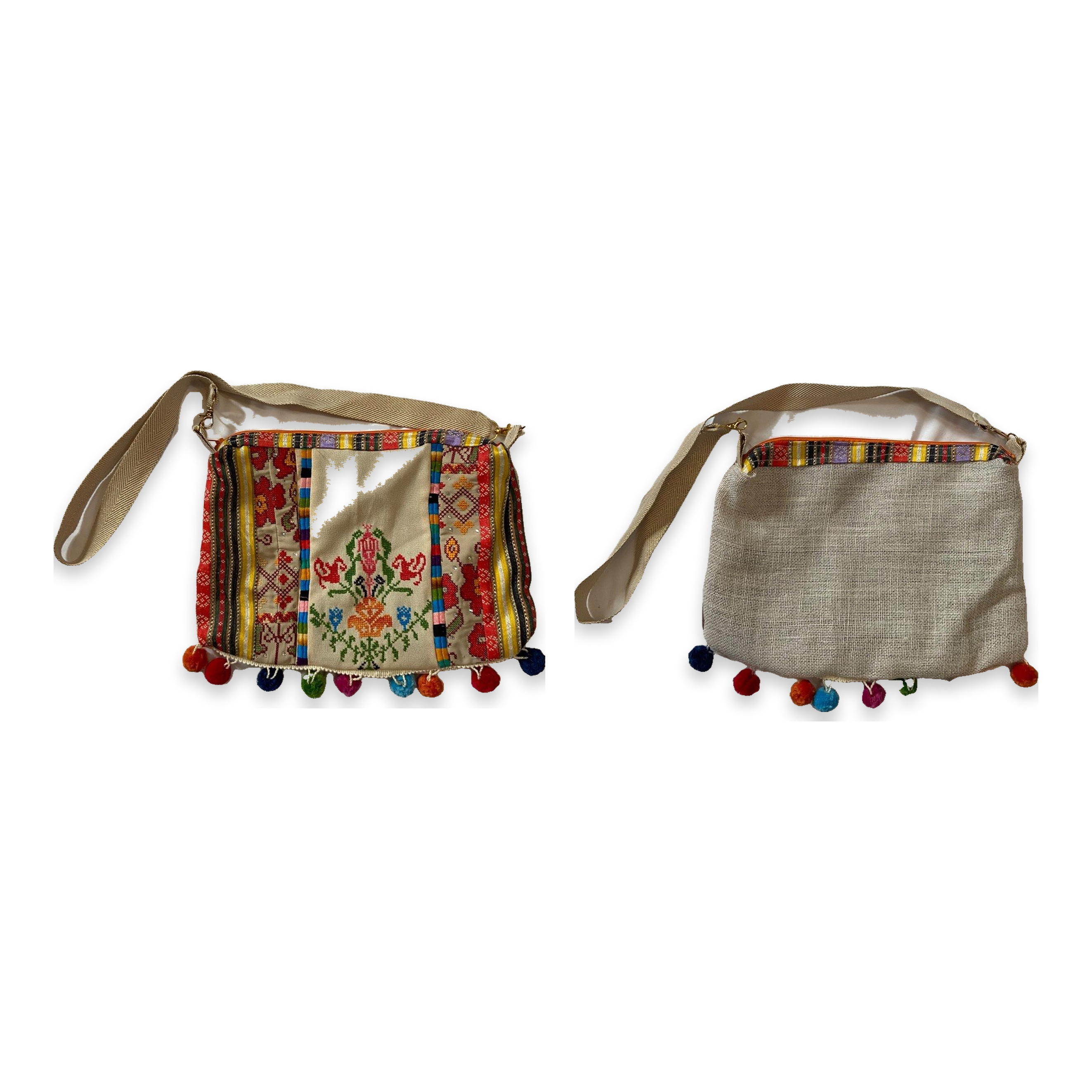 Palestinian Hand Embroidered Burlap Pompom Tote Bag